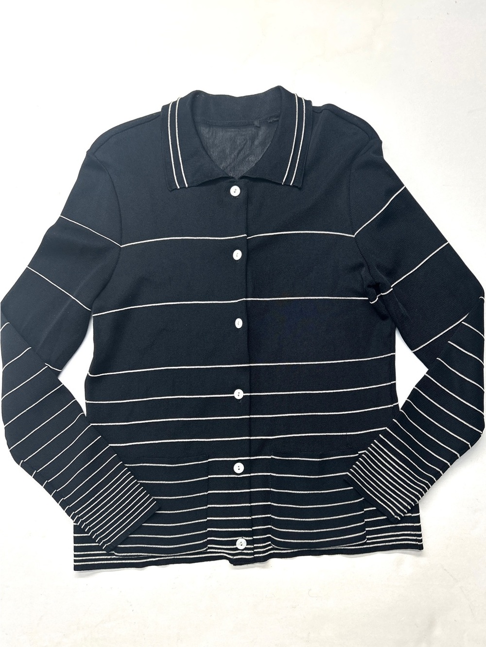 Vintage Dana Buchman Striped Button-Up Polo Cardigan Sweater Black White Stripe